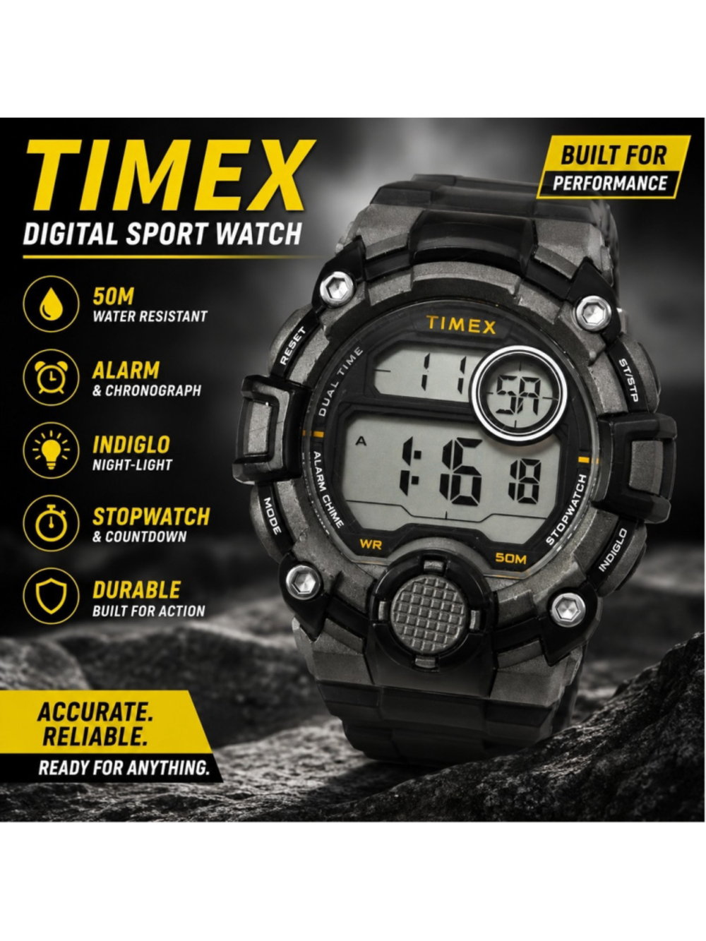 Timex TWSM27700 Digital Sport Watch 50M WR Alarm Chronograph Indiglo Black